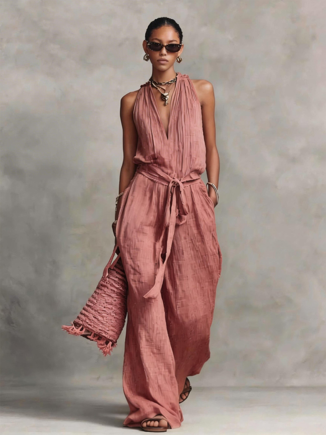 Women's Sleeveless Tie-Front Cotton-Blend Jumpsuit Casual Vacation