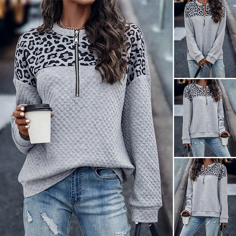 Leopard Print Patchwork Drop Shoulder Zip Hoodie for Women