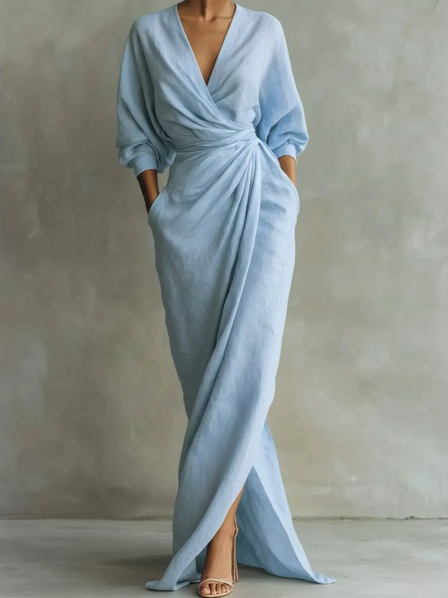 Elegant Solid V-Neck Long Sleeve Slit Waist Pocket Long Dress