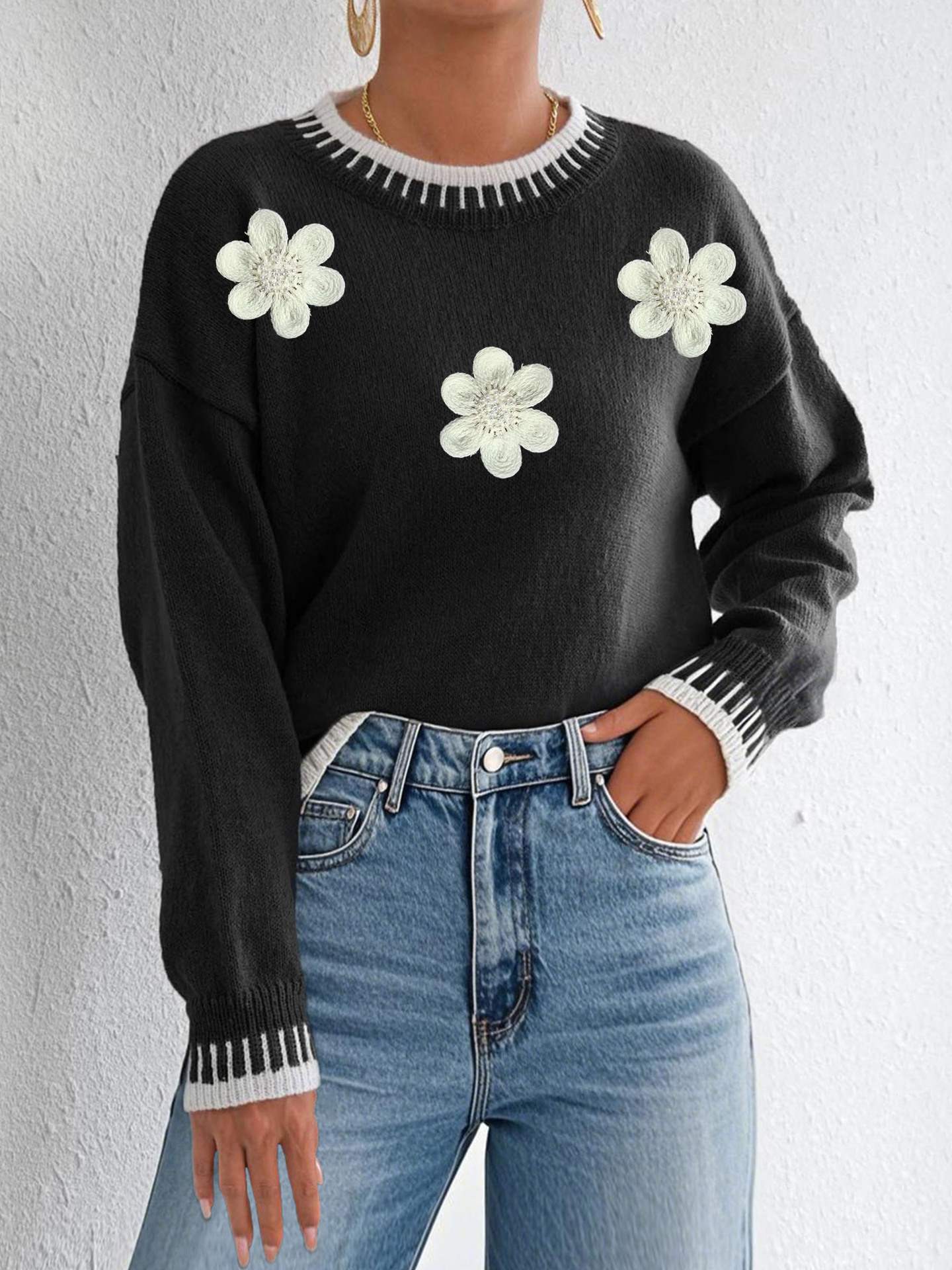 Color-Block Pullover Sweater with 3D Floral Embroidery & Beads