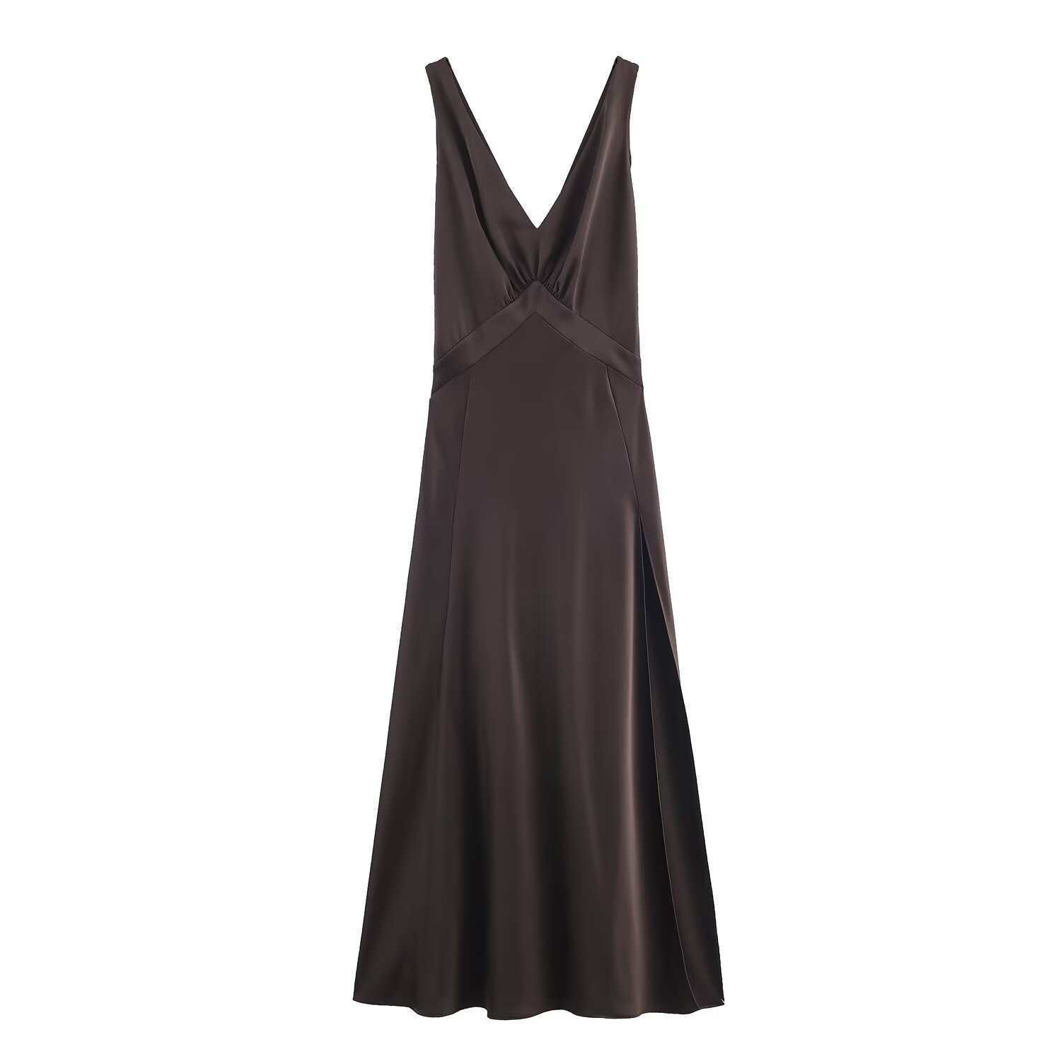 Women's Satin Midi Dress V-Neck Sleeveless High Waist Bodycon