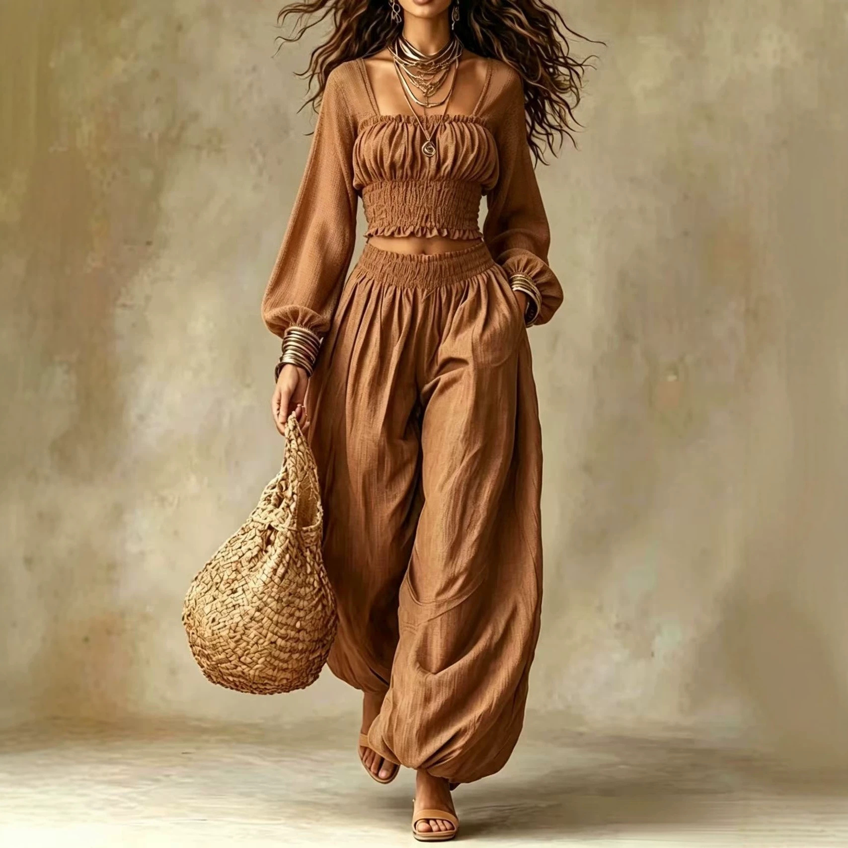 Boho Square Neck Long Sleeve Top & Wide Leg Pants Set