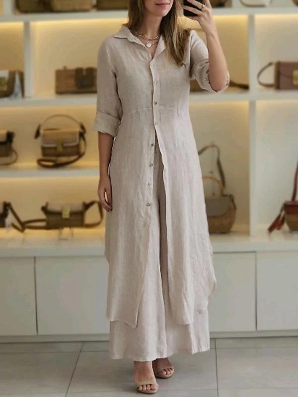 Urban Elegant Cotton-Linen Slim Waist Long Shirt & Wide-Leg Pants Set