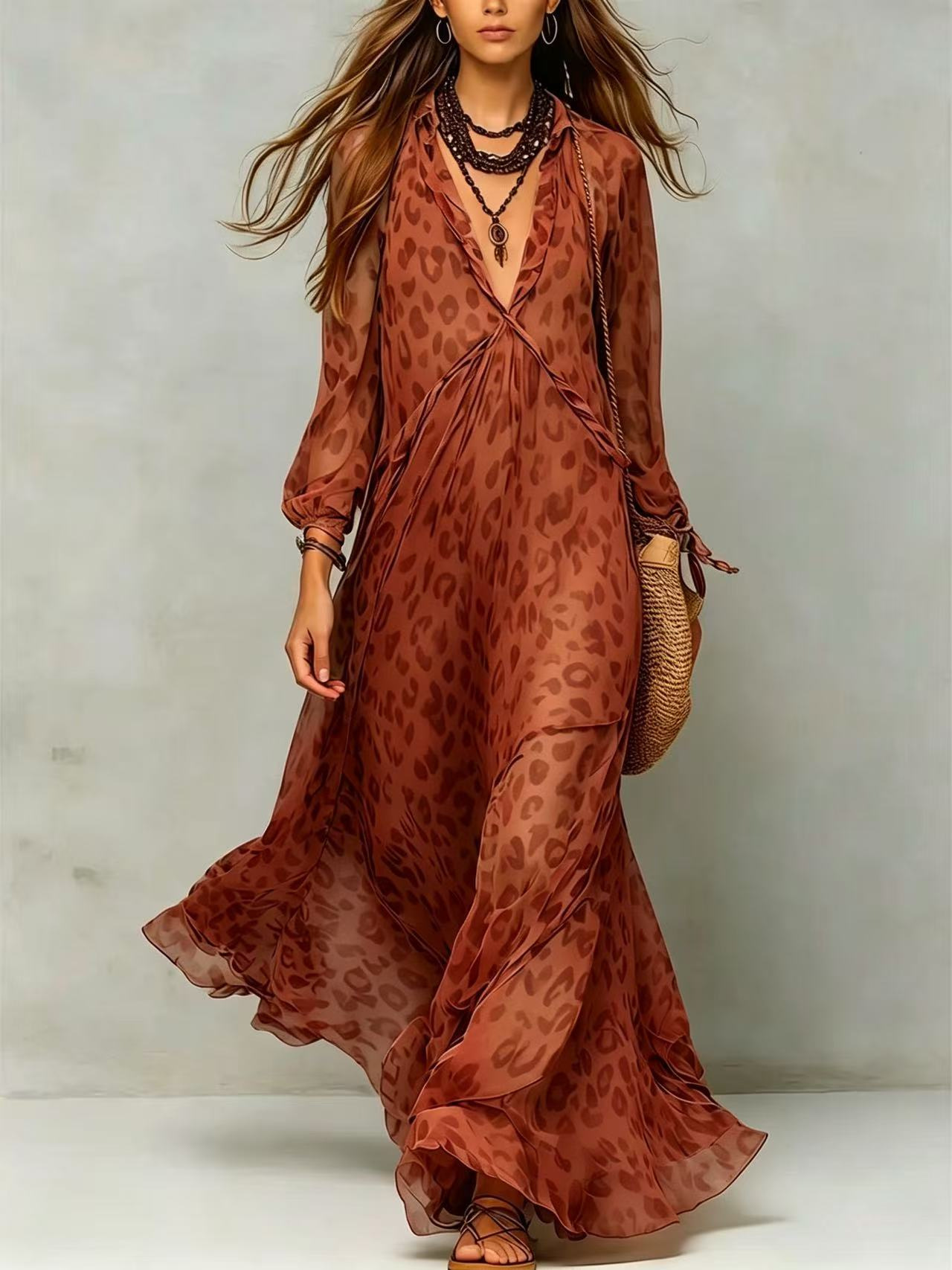 Women's Lantern Sleeve Chiffon Dress Deep V Neck Ruffled Long Geometric Print