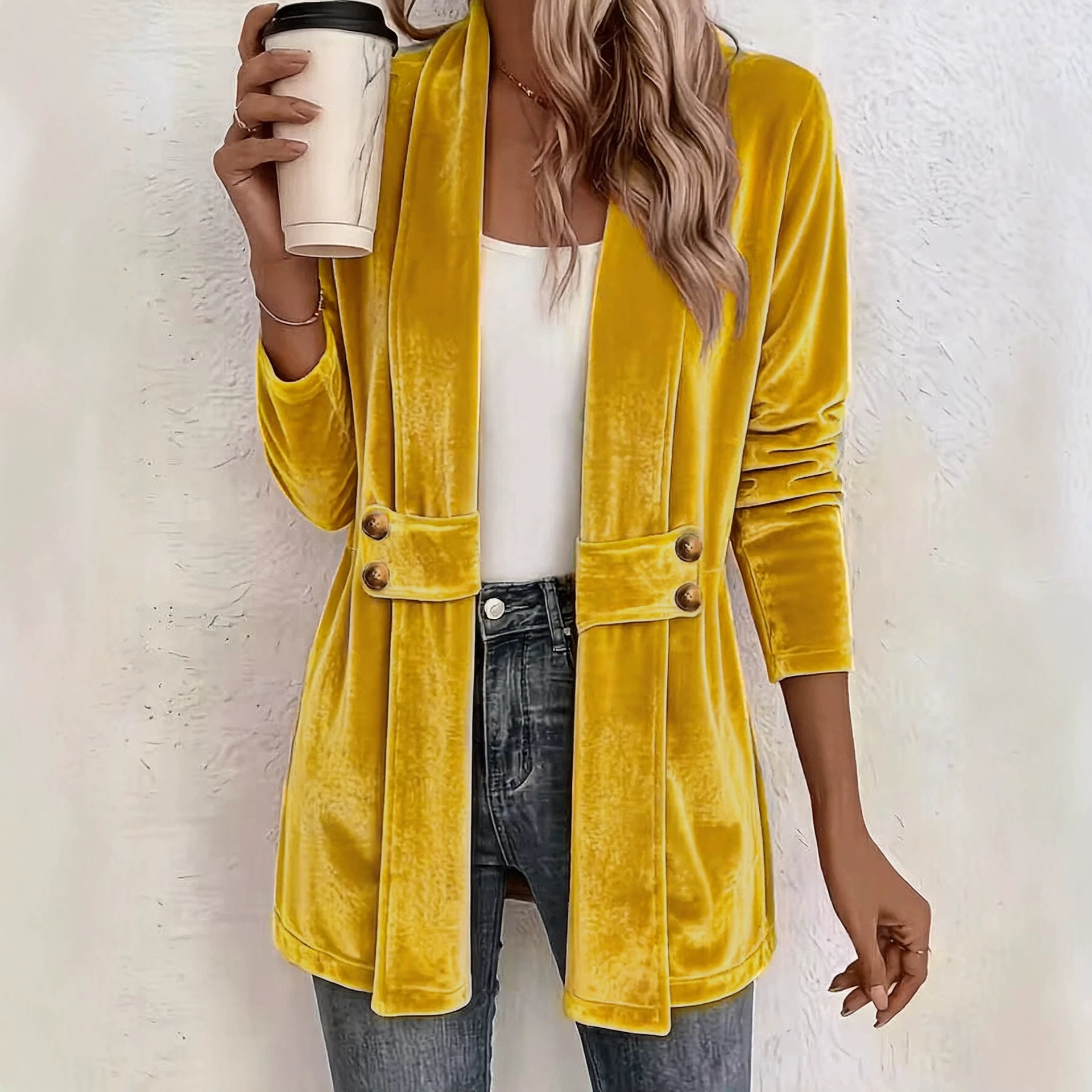 Women's Double-Breasted Gold Velvet Cardigan Lazy Style Mid-Length Top