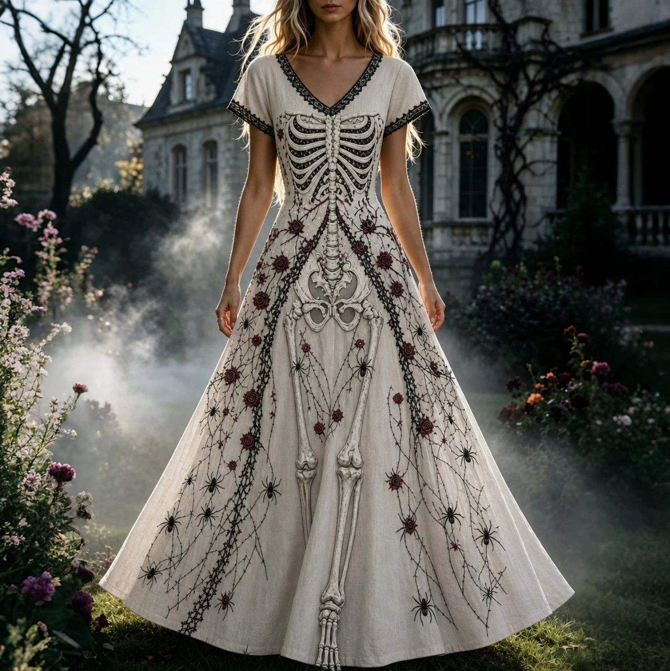 Women's Floral Skeleton Halloween Print Casual Midi Dress
