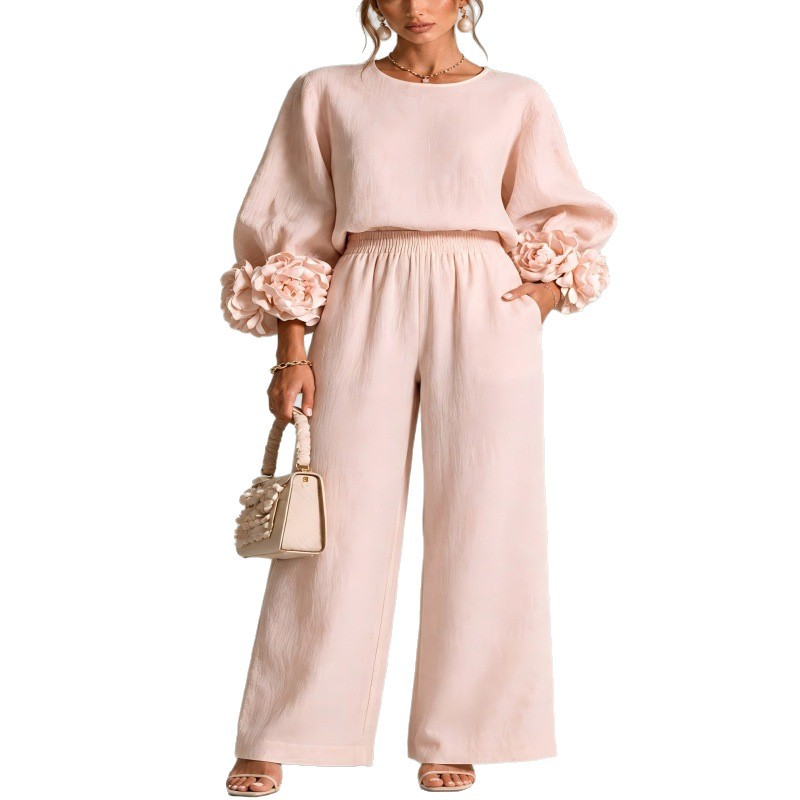 Floral Cuff Top and Wide-Leg Pants Two-Piece Set