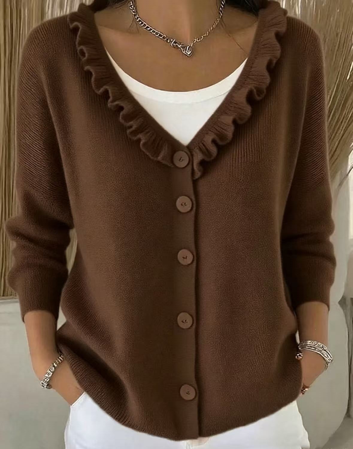 Ruffled Knit Cardigan Single-Breasted Loose Fit Sweater Coat for Women