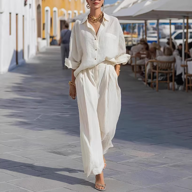 Women's Casual Lapel Long Sleeve Shirt and Pants Set Minimalist Commuter