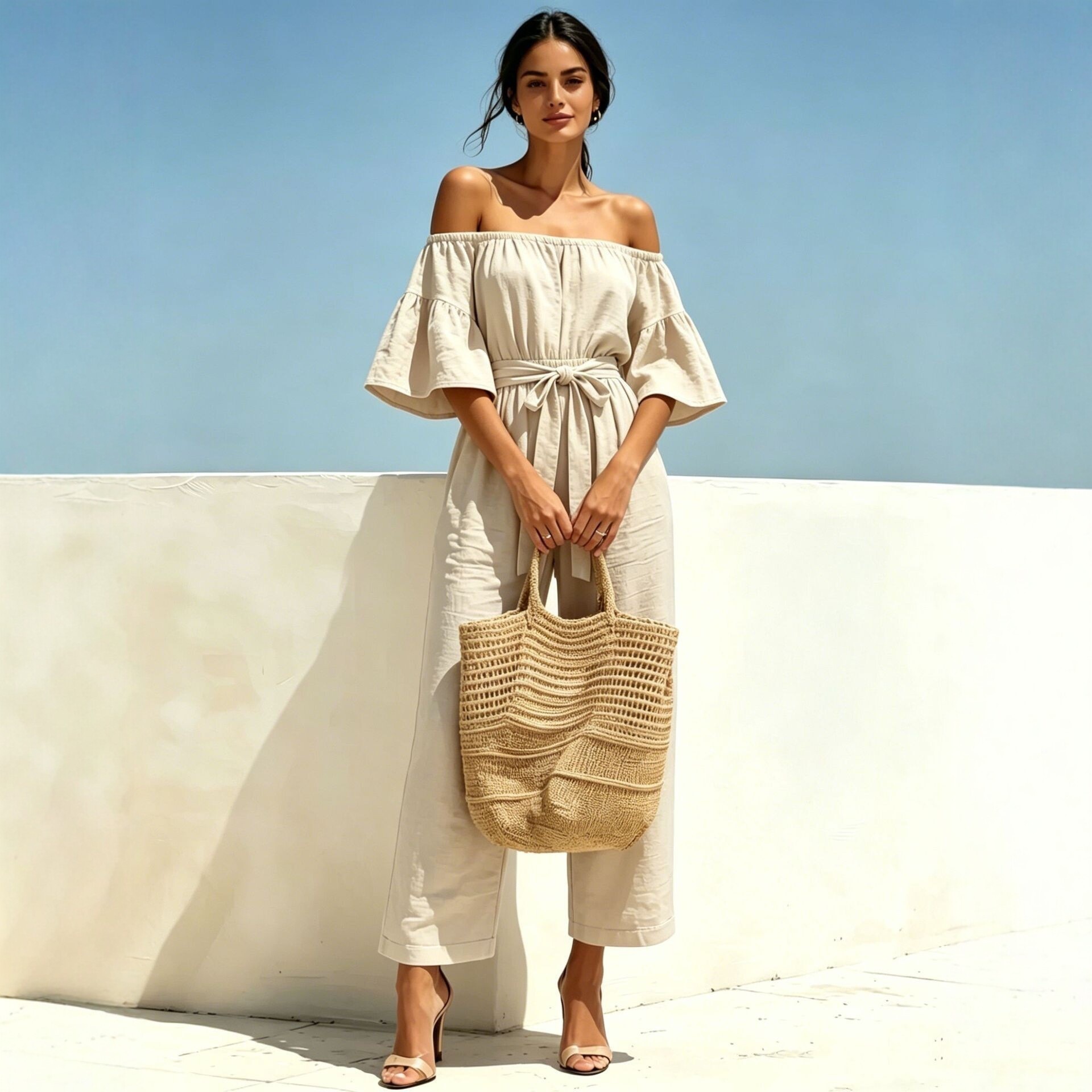 Women's Off-Shoulder Ruffle Wide-Leg Jumpsuit with Tie Belt