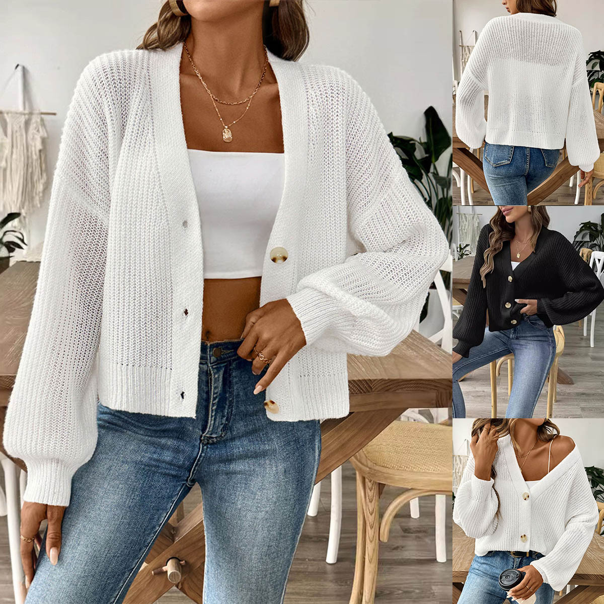 Women's Cropped V-Neck Button Cardigan Sweater
