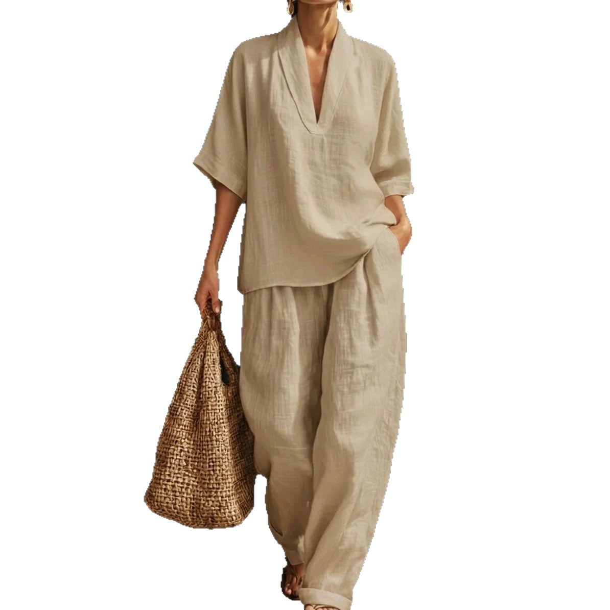 V-Neck Short Sleeve Top and Pocket Pants Set Women's Casual Two-Piece Outfit