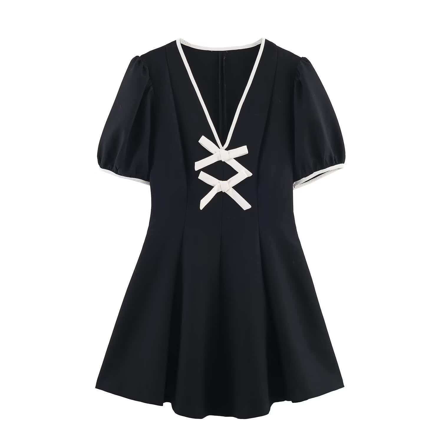 Women's Summer Bow Mini Dress V-Neck Short Sleeve