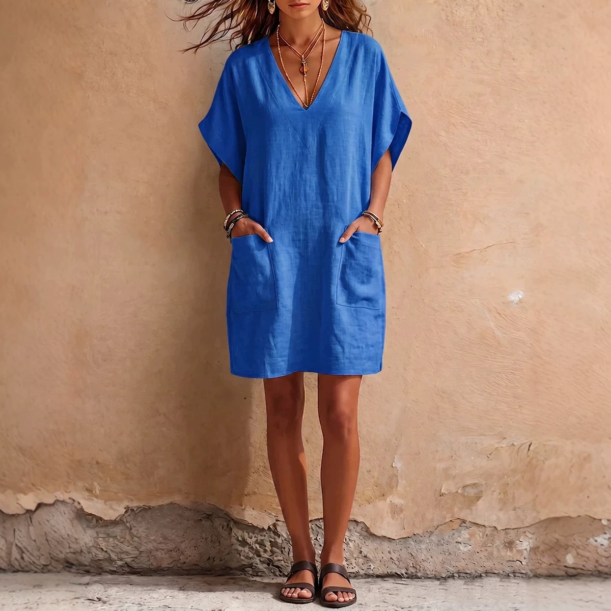 V-Neck Loose Pocket Midi Dress