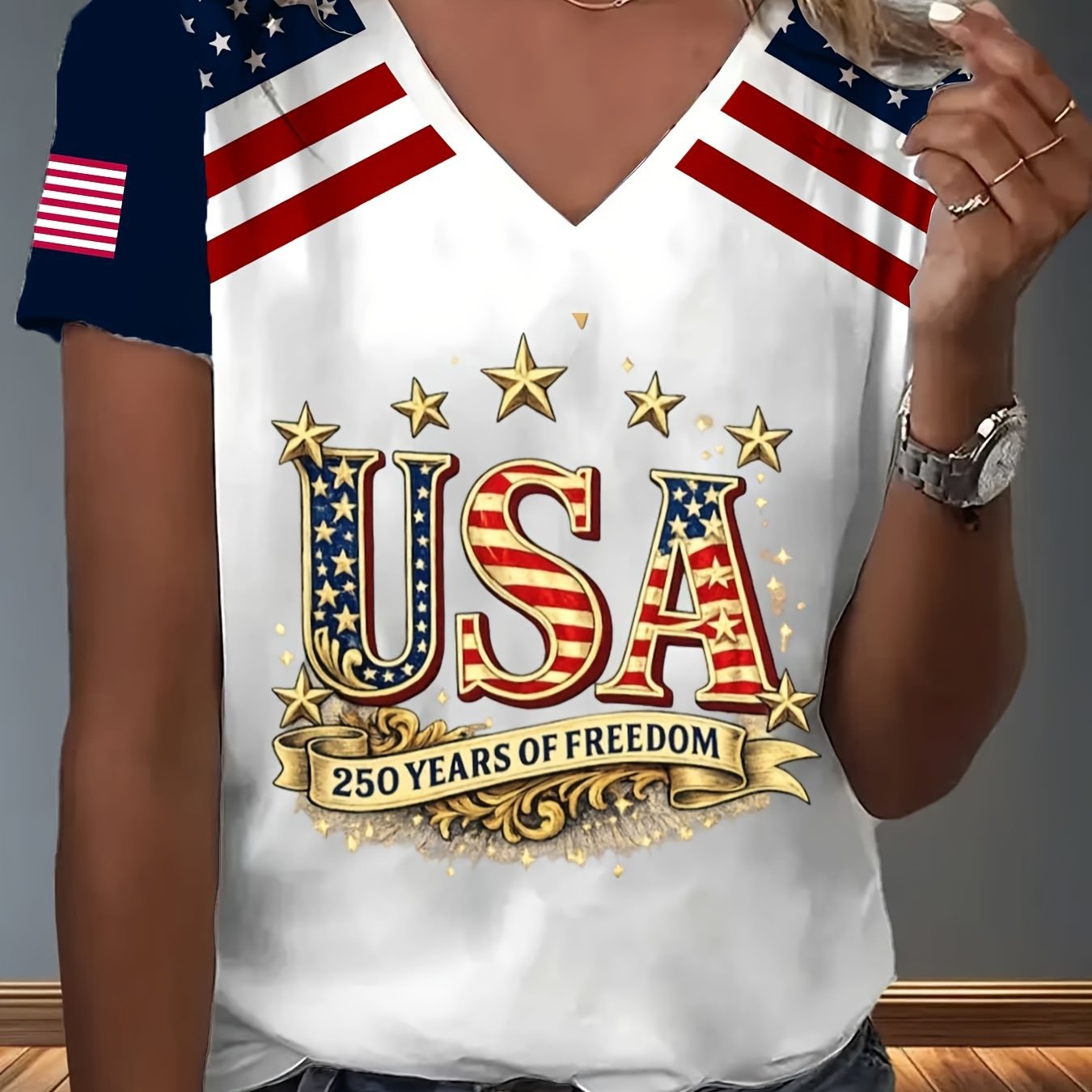 Women's V-Neck Short-Sleeve Gold Foil Rose Butterfly Print Top