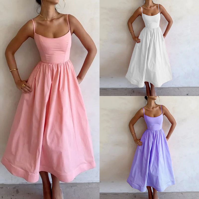 Women's Solid Color Waist-Cinched Cami Maxi Dress