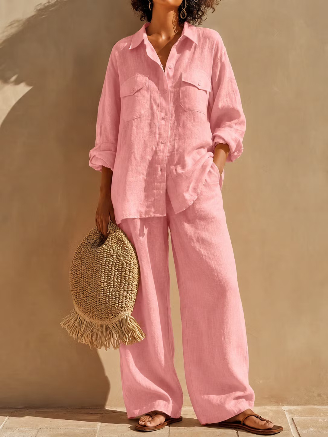 Women's Solid Linen-Blend Long-Sleeve Button-Down Shirt and Wide-Leg Pants Set with Pockets