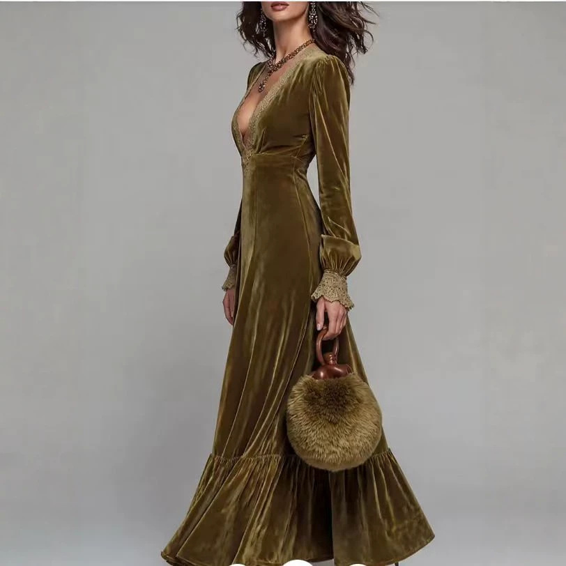 French Vintage V-Neck Fitted Long Sleeve Midi Dress