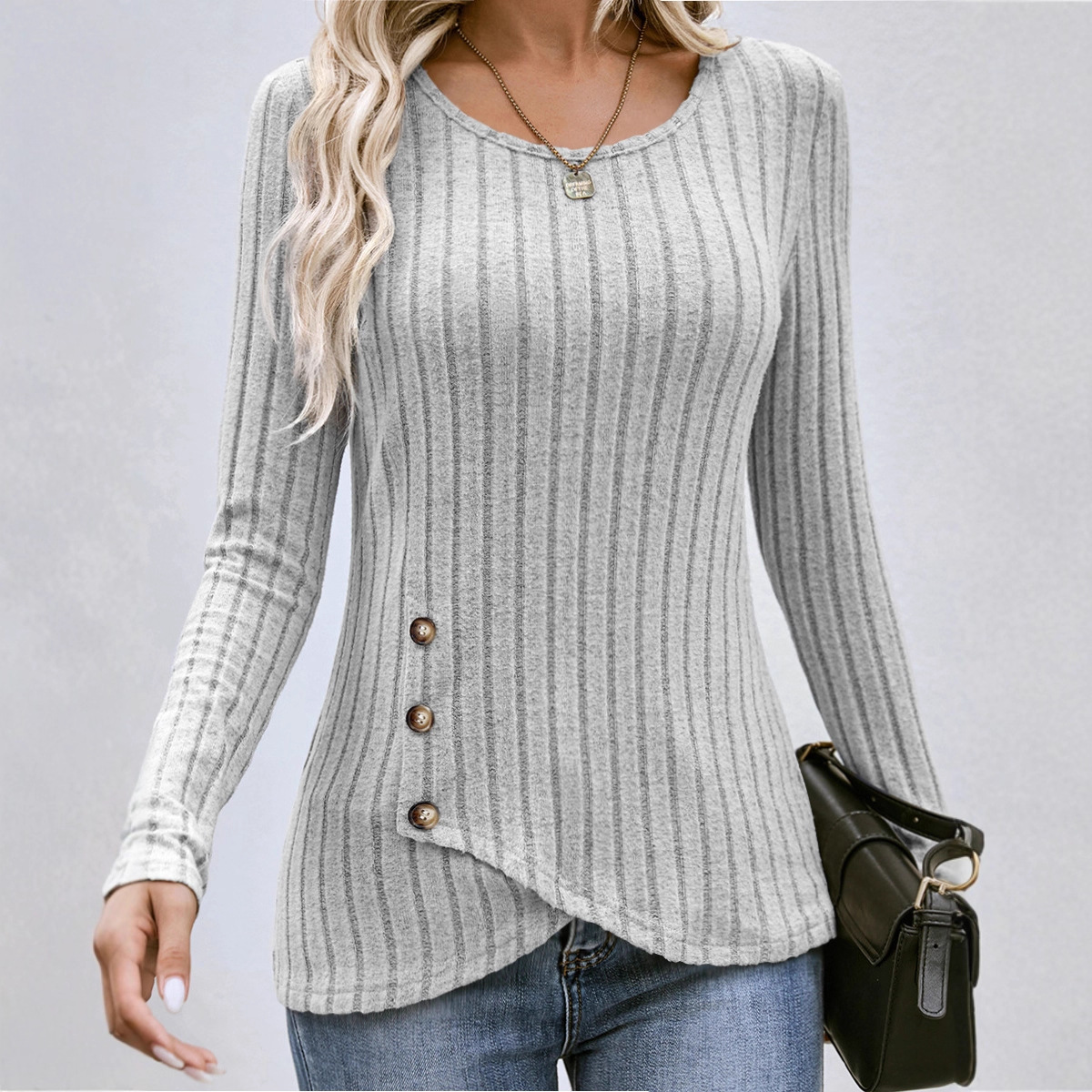 Women's Slim Fit Ribbed Knit Long Sleeve Round Neck Top