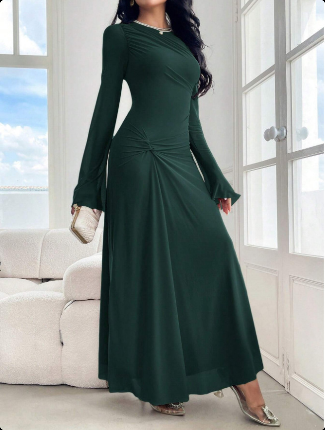 Flare Sleeve Bodycon Midi Dress with Crinkle Texture