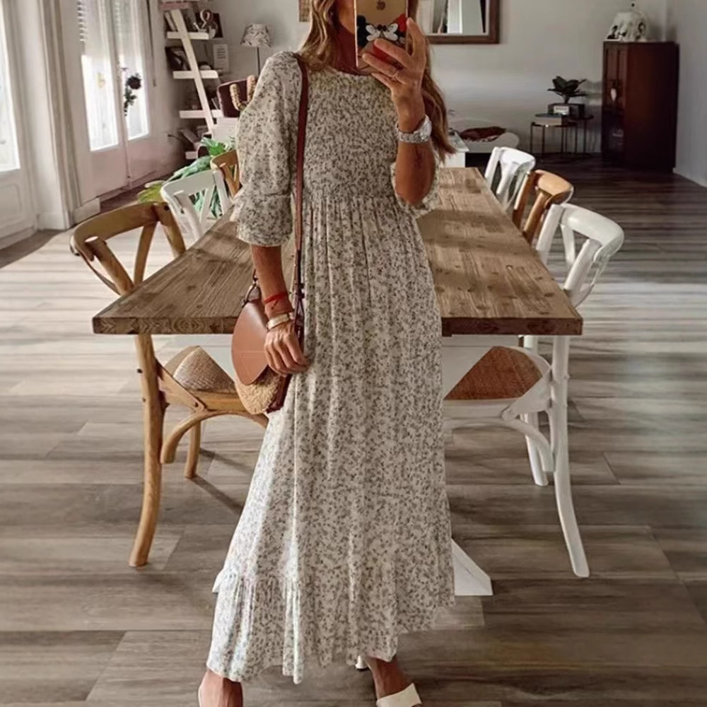 Women's Summer Floral Print Midi Dress Round Neck High Waist