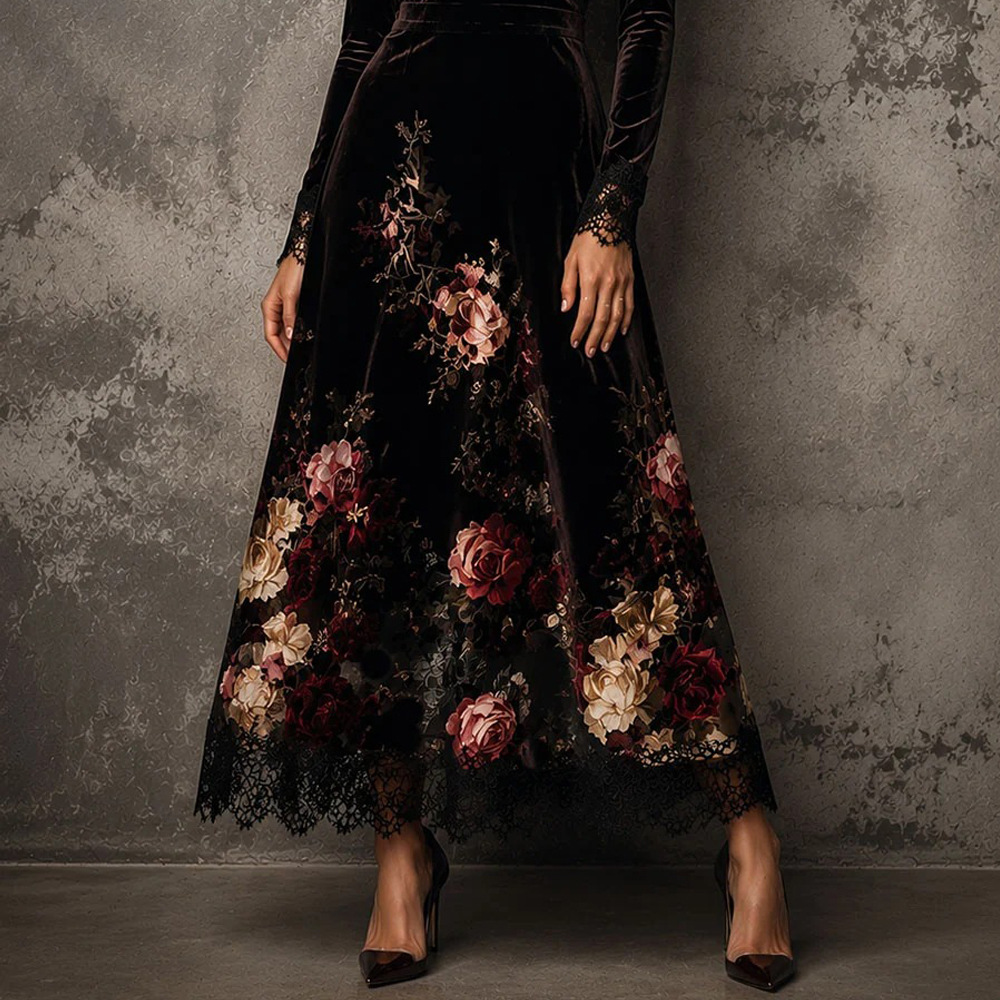 Black Floral Print Long Sleeve Maxi Dress with 3D Flowers
