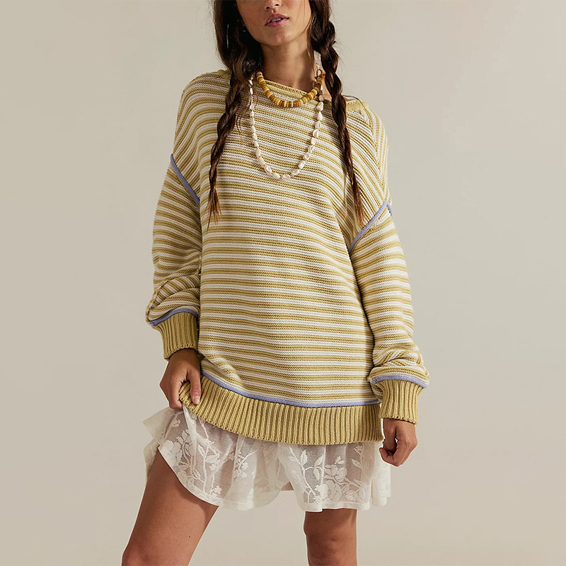 Striped Crewneck Pullover Sweater Loose Long Sleeve