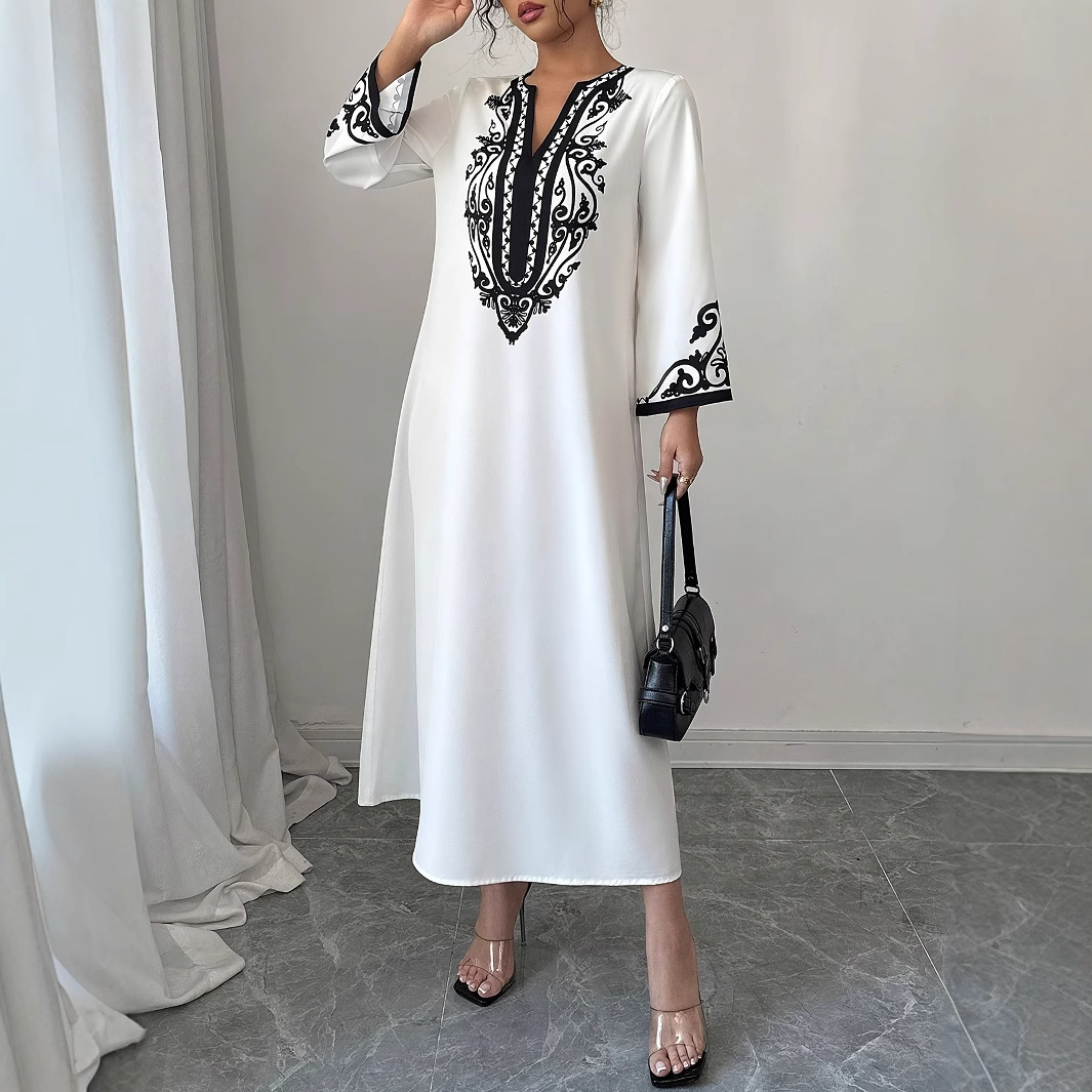 V-Neck Long Sleeve Embroidered Fringe Black Maxi Dress
