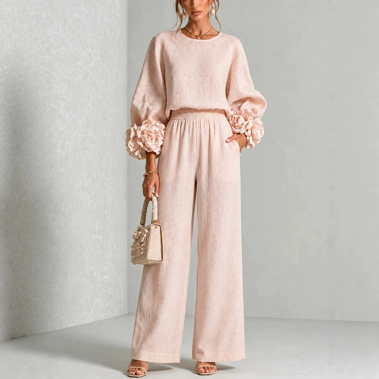 Women's Two-Piece Set with 3D Floral Crewneck Top and Wide-Leg Pants