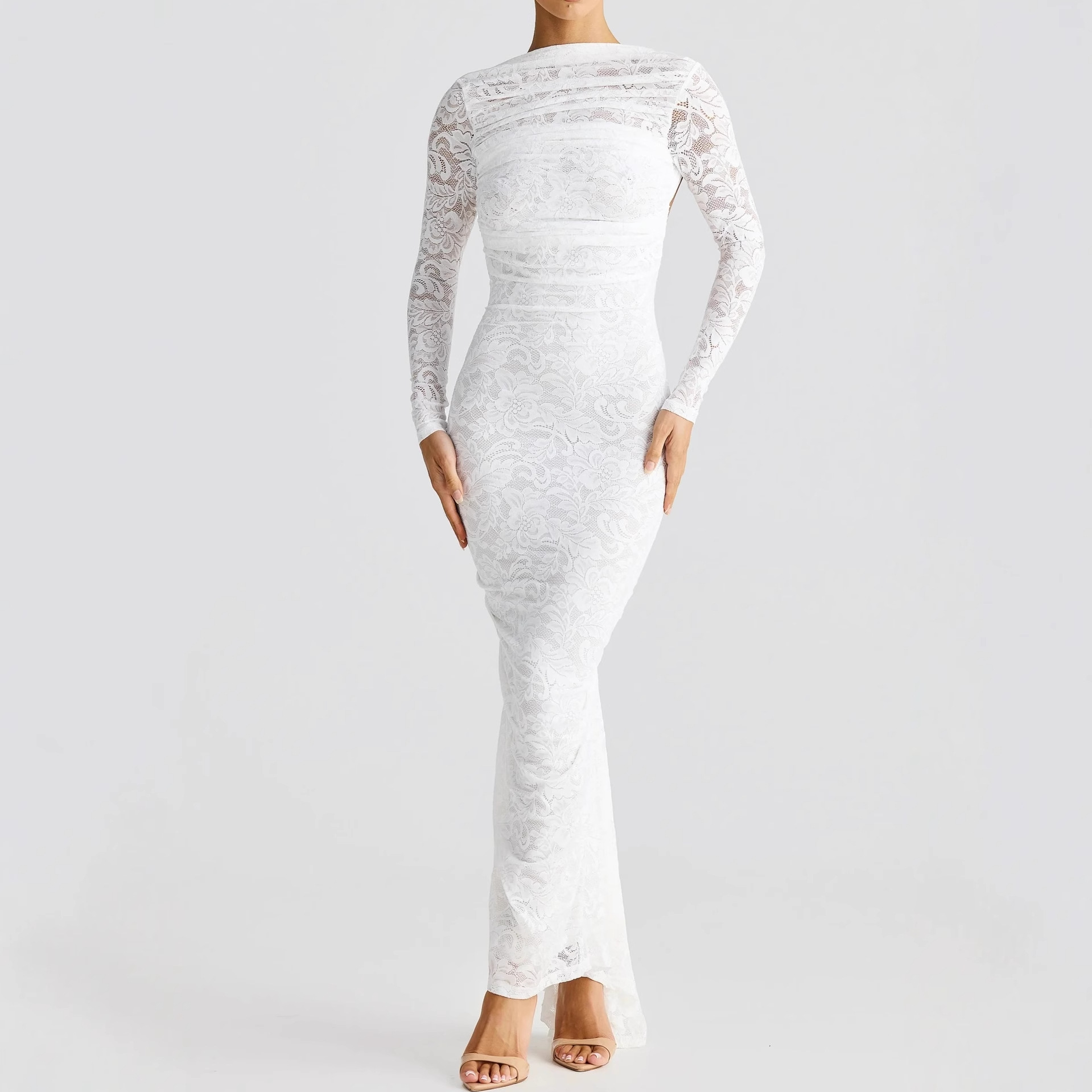 Sheer Lace Long Sleeve Open Back Bodycon Maxi Dress