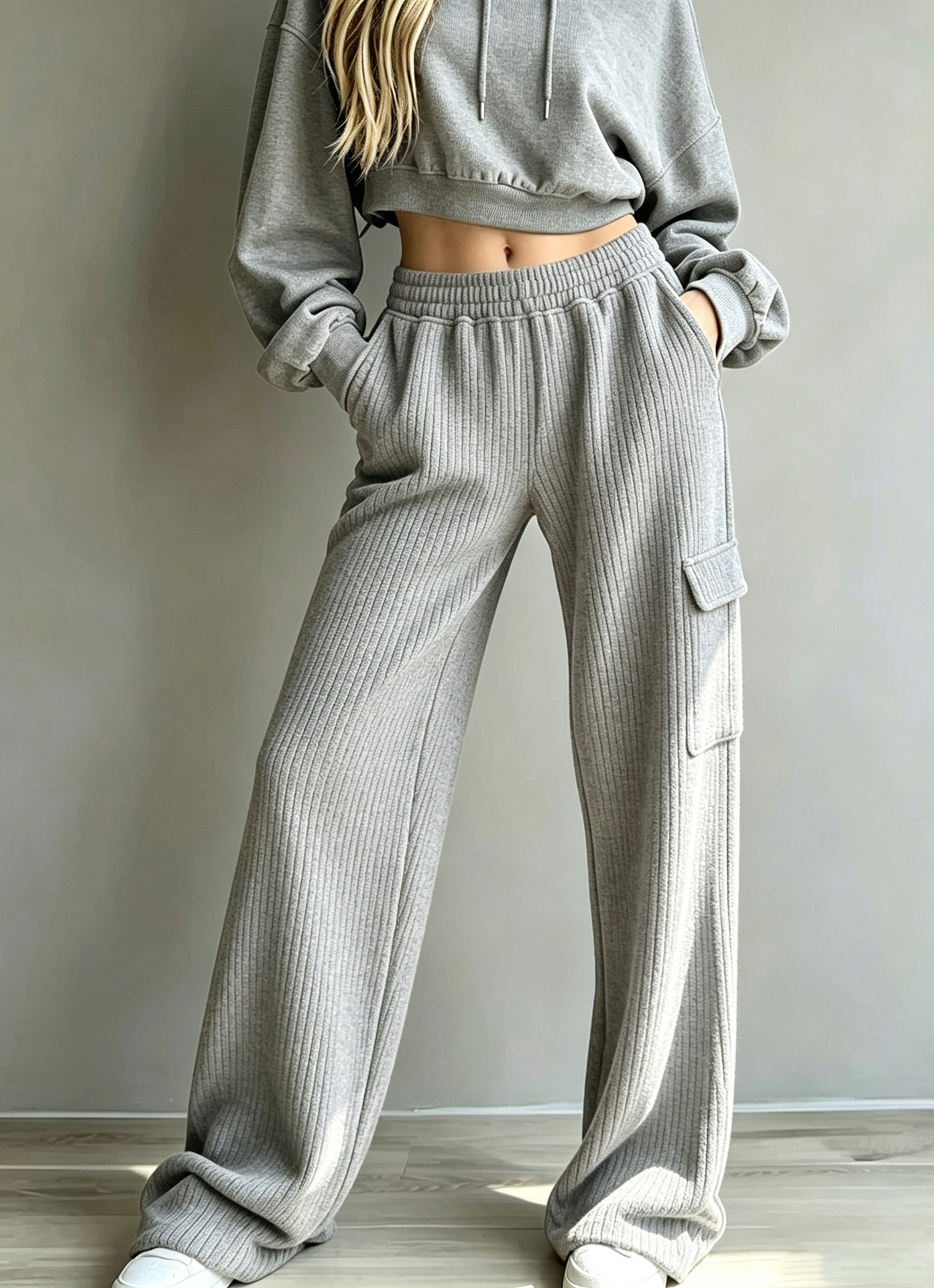 Vertical Ribbed Cargo Wide-Leg Sweatpants High-Waist Drawstring Side Pockets