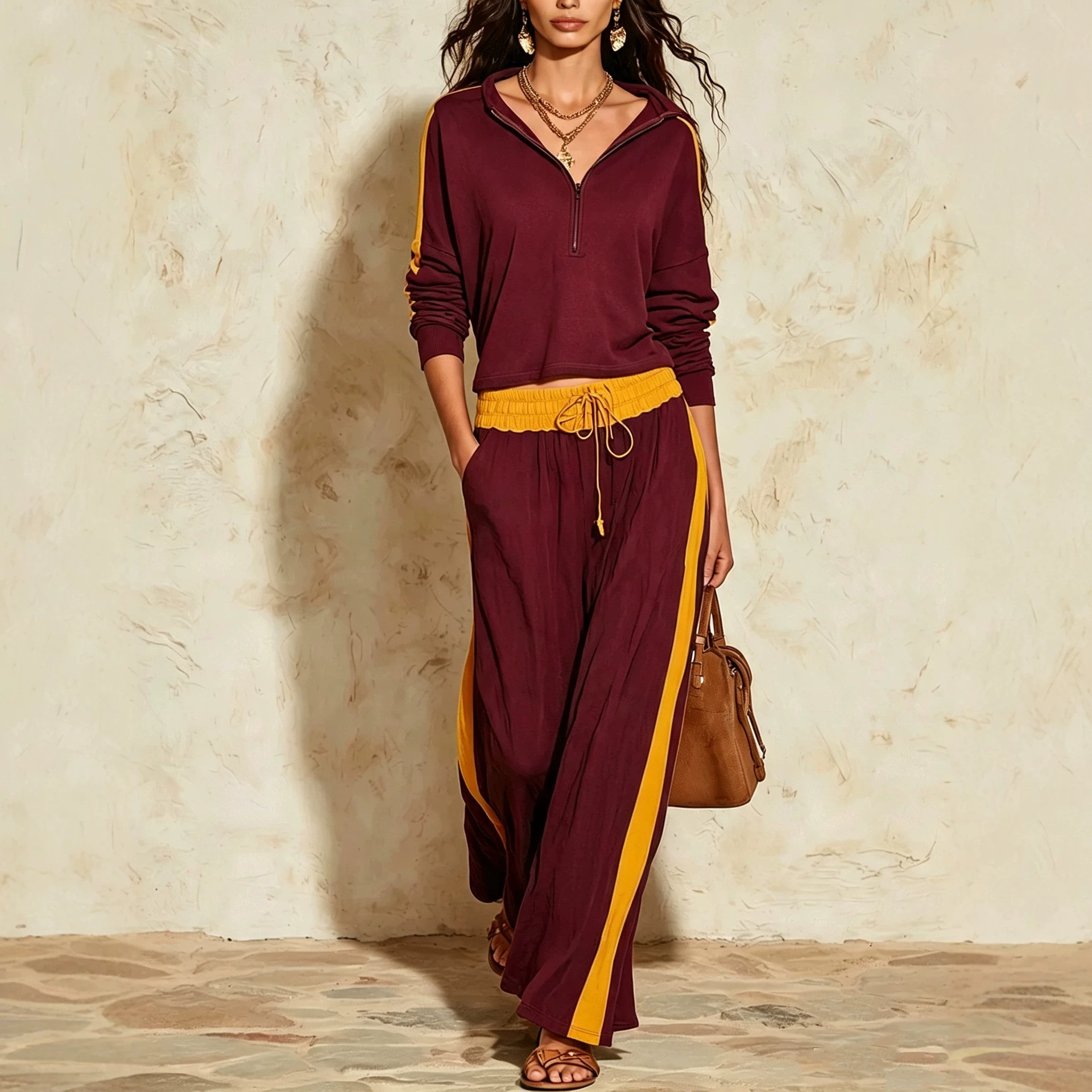Color-Block Half-Zip Top & High-Waist Wide-Leg Pants Two-Piece Set