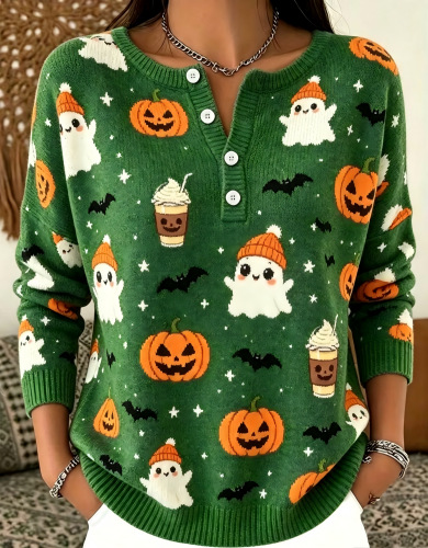 Women's Halloween Pumpkin Ghost Print Button Sweatshirt
