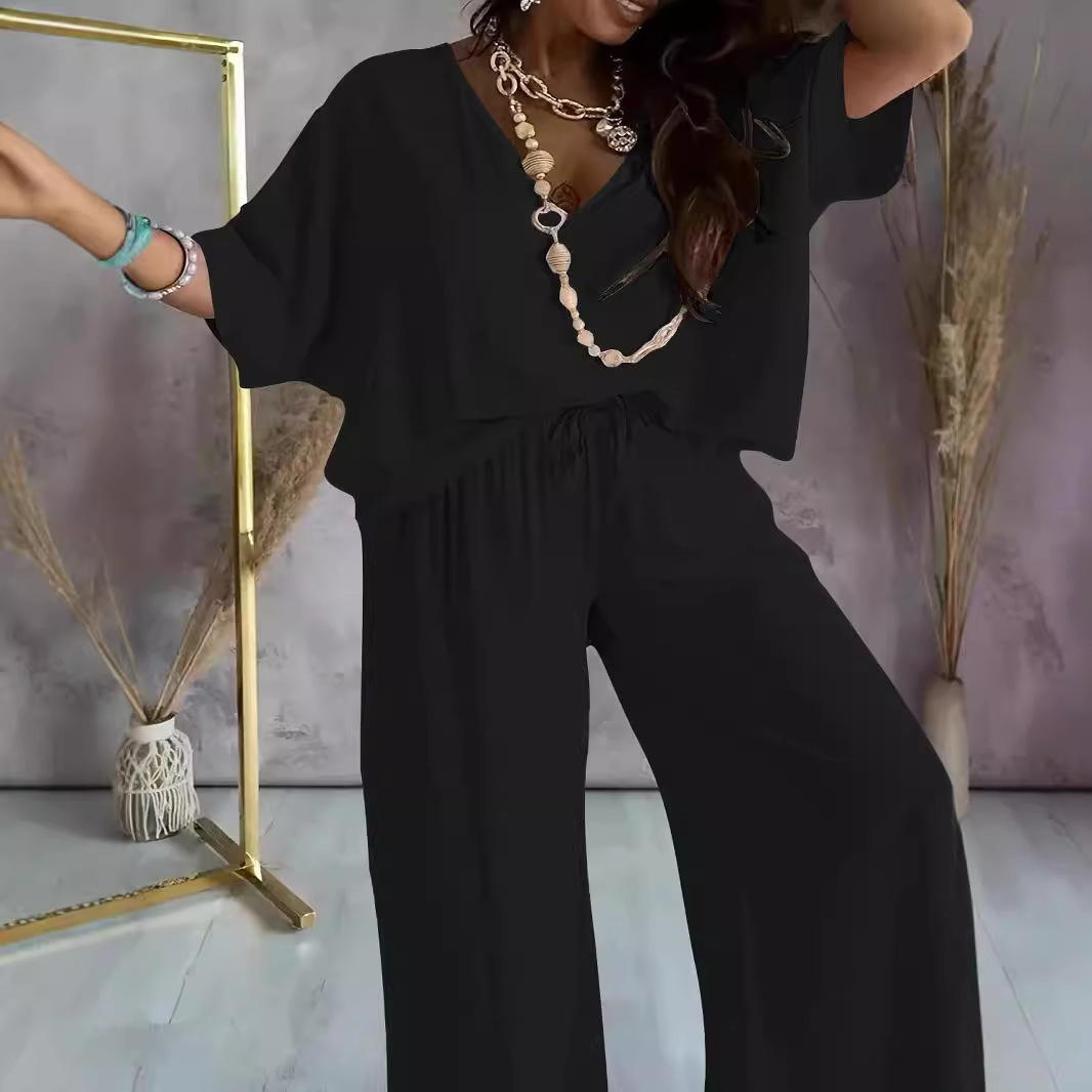 V-Neck Batwing Sleeve Solid Color Loose Wide-Leg Pants Set Women