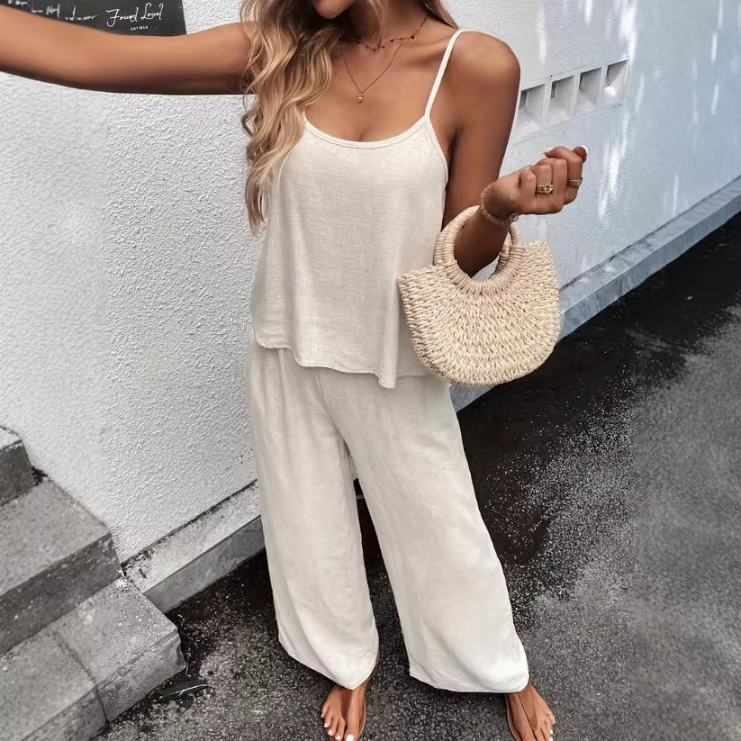 Women's Solid Color Cami Top and Pants Casual Vacation Set