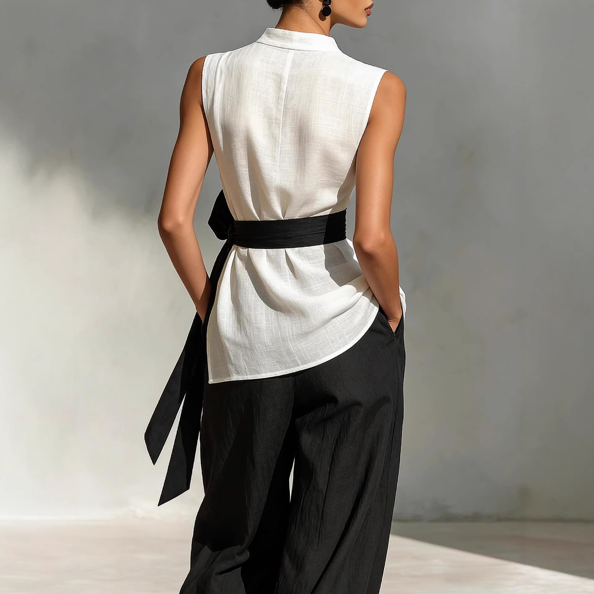 Women's Sleeveless Lace-Up Top and Wide-Leg Pants Two-Piece Set