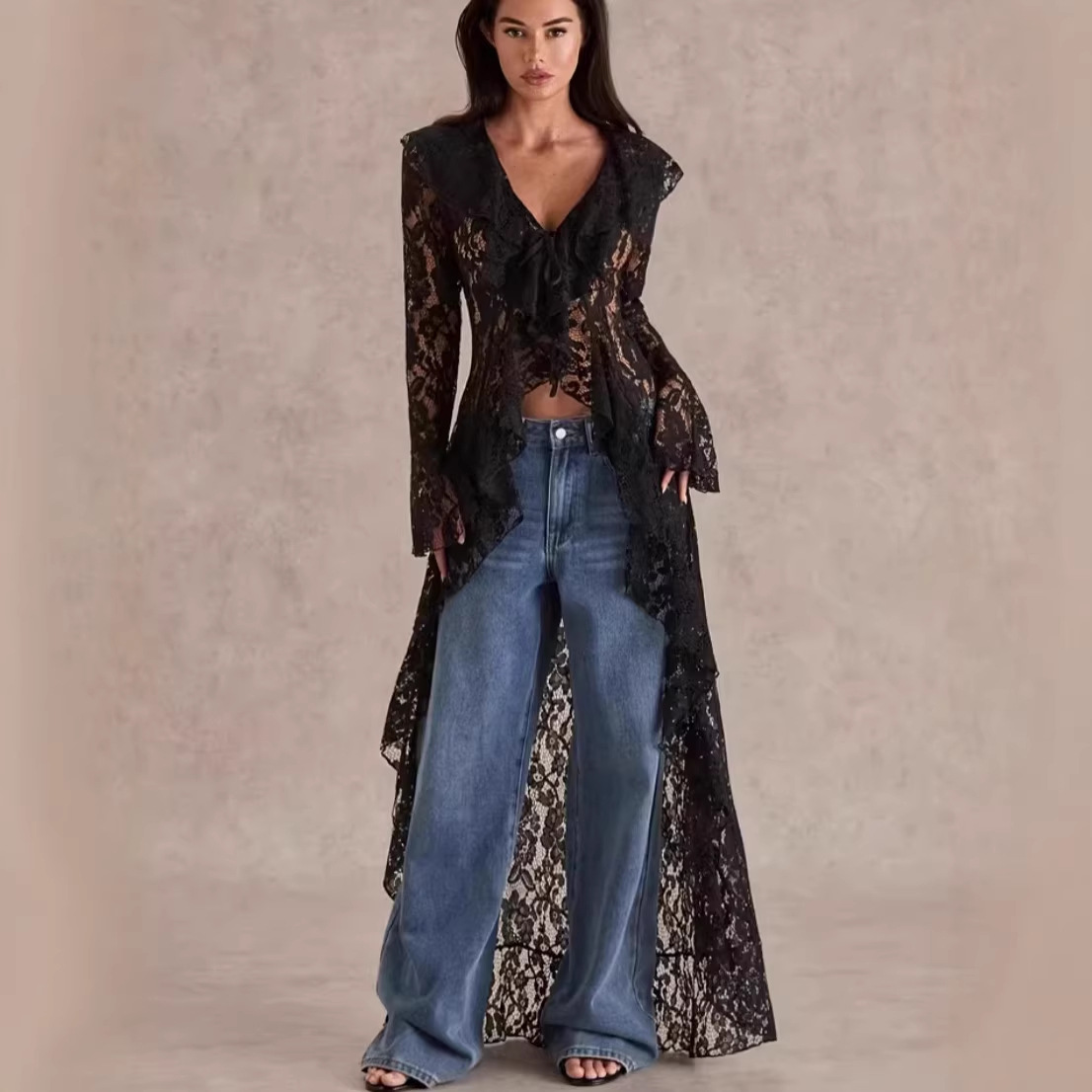 Women's Sheer Lace Ruffled Long Lightweight Cardigan