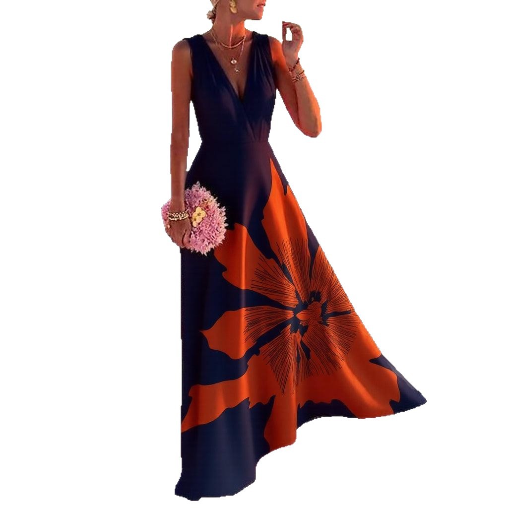 Floral Print V-Neck Sleeveless A-Line Maxi Dress