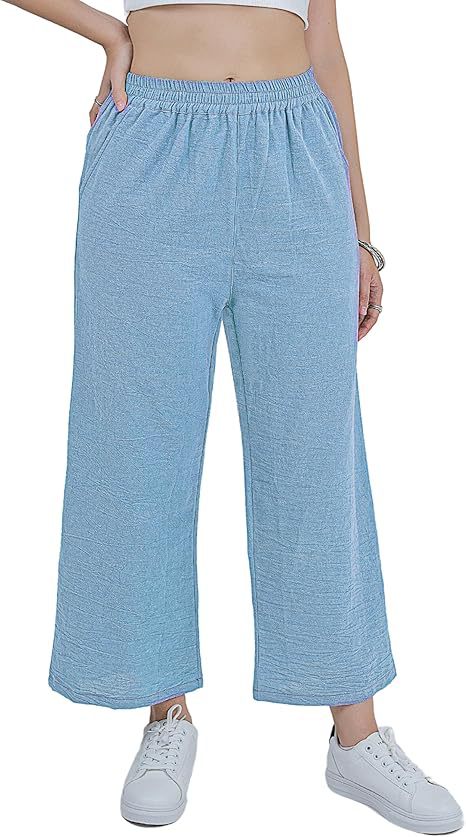 Women's Cotton-Linen Wide-Leg Capri Pants High-Waist Loose Casual