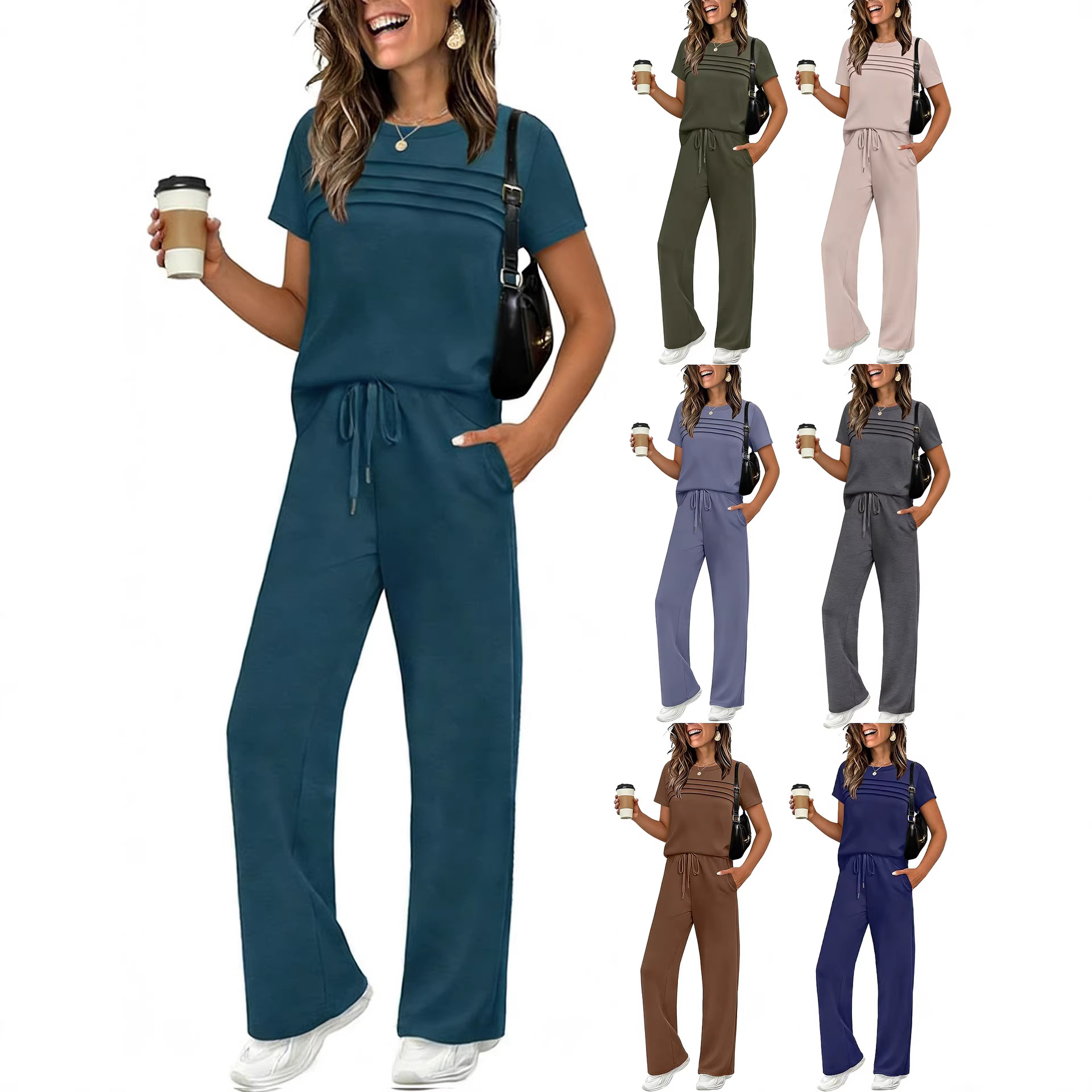 Women's Short Sleeve T-Shirt & Wide Leg Pants Set Casual Solid Color