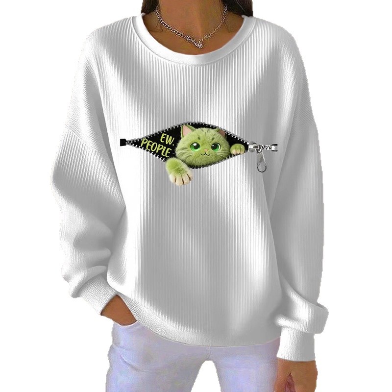 Women's Cartoon Cat Print Zip-Up Crewneck Sweatshirt