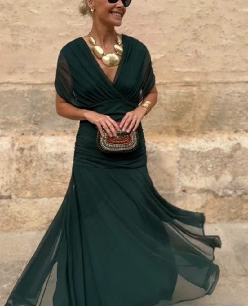Elegant Solid Deep V-Neck Waist-Cinched Mesh Dress