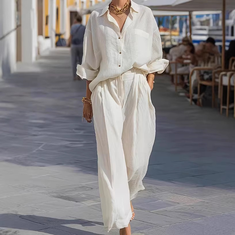 Women's Casual Lapel Long Sleeve Shirt and Pants Set Minimalist Commuter