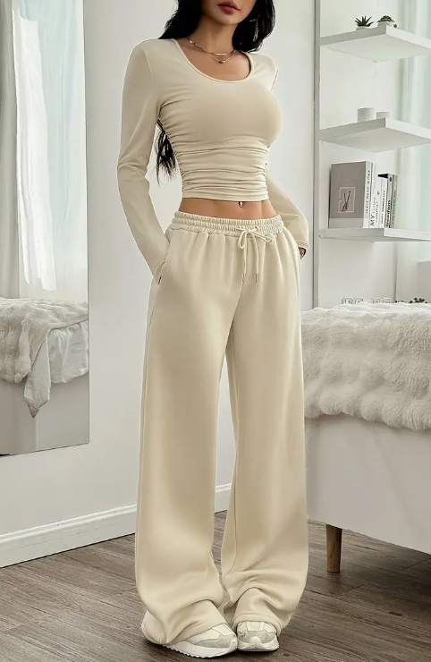 Women's Casual Wide-Leg Two-Piece Set Long Sleeve Crew Neck Solid Color Slim Fit