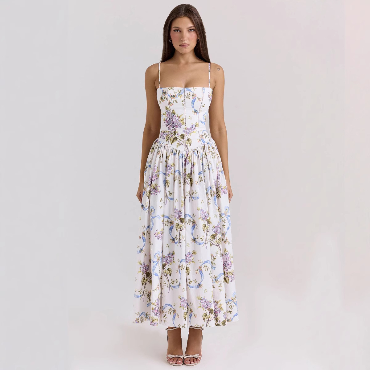 Elegant Floral Sleeveless Slip Dress Slimming A-Line Midi