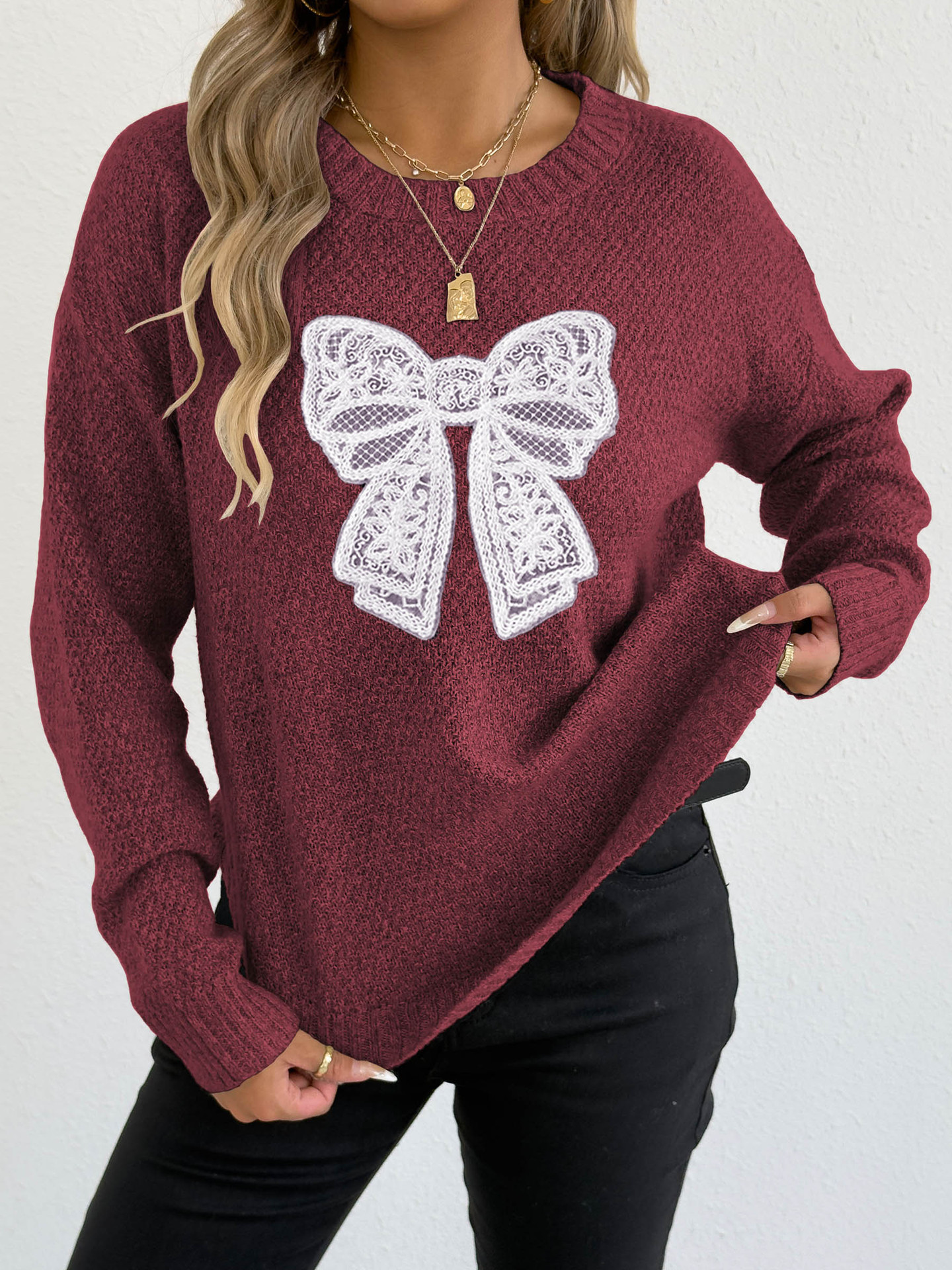 Crewneck Pullover Sweater with Embroidered Lace Butterfly Applique