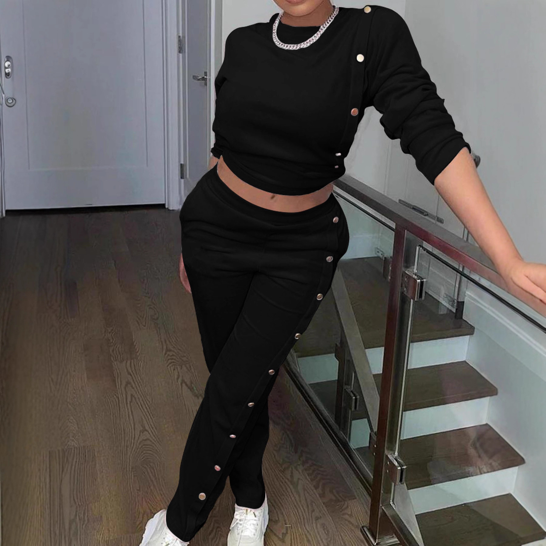 Side Button Two-Piece Sweatsuit Long Sleeve Top & Pants Casual Set