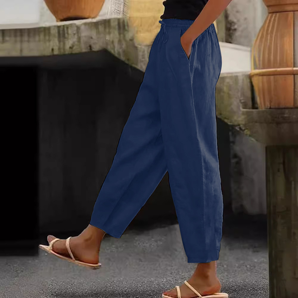 Women's Cotton-Linen Blend Solid Color Casual Pants with Side Pockets and Drawstring