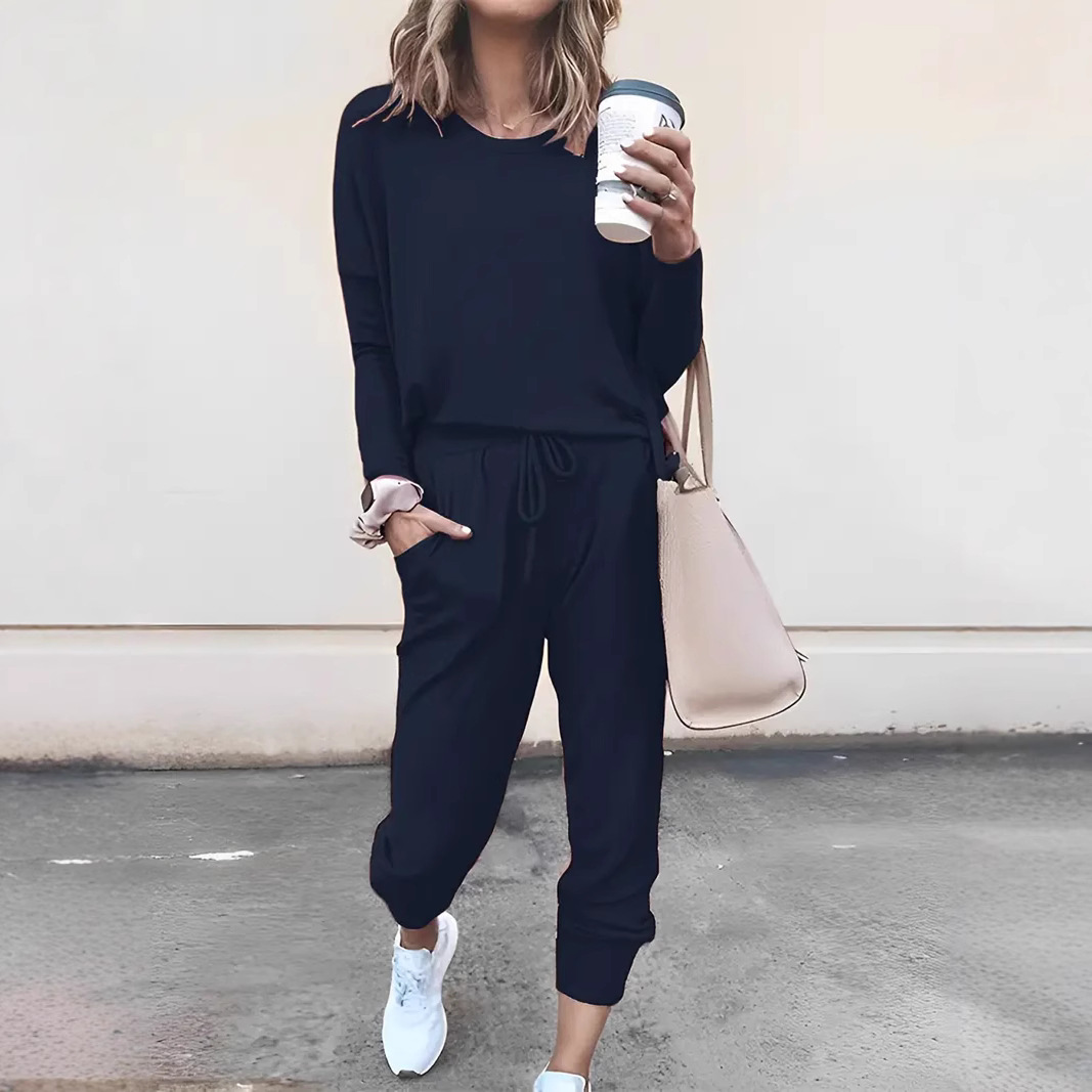 Women's Casual Two-Piece Set with Drawstring Jogger Pants and Long-Sleeve Top, Solid Color