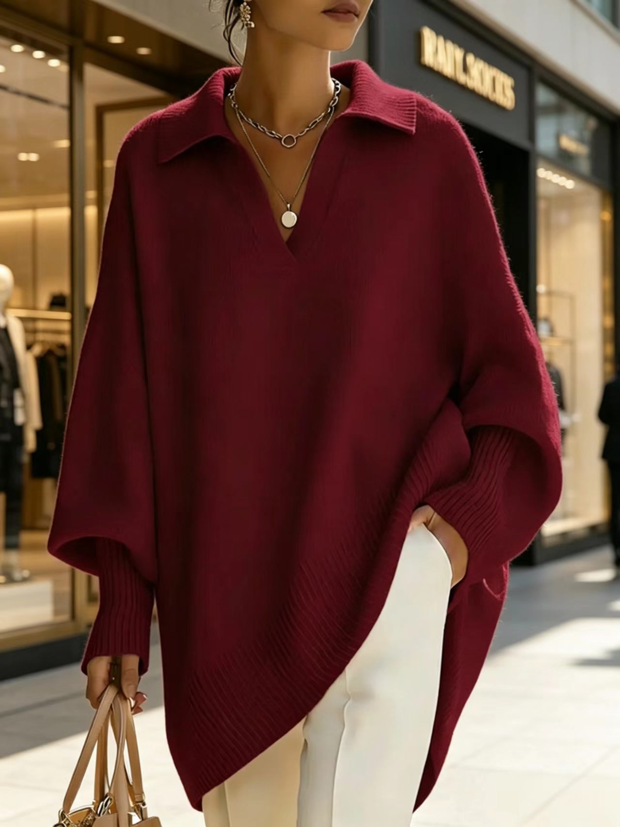 Women's Solid Color Long Sleeve V-Neck Loose Knit Sweater